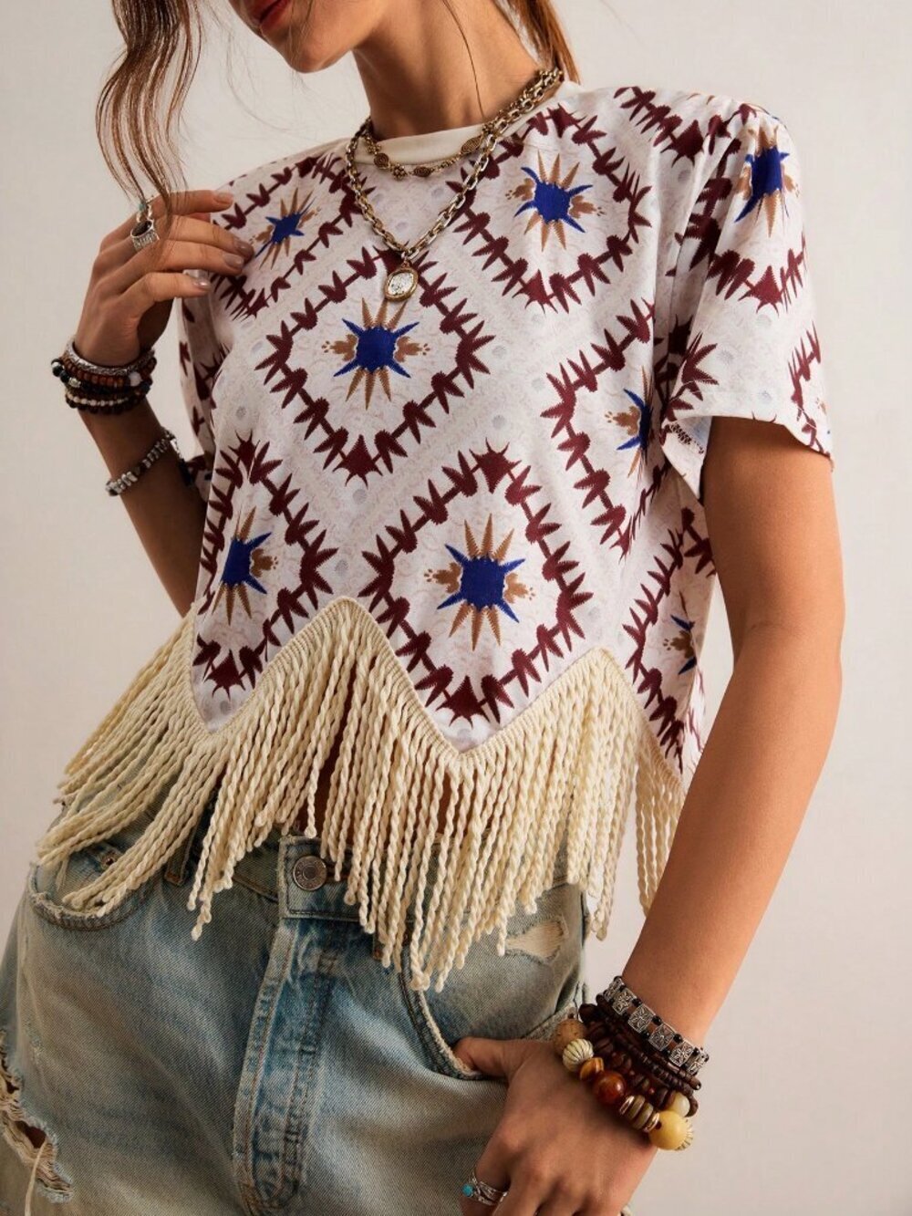 Multicolor Casual Women's Boho Western Print Crochet Lace Short Sleeve Blouse